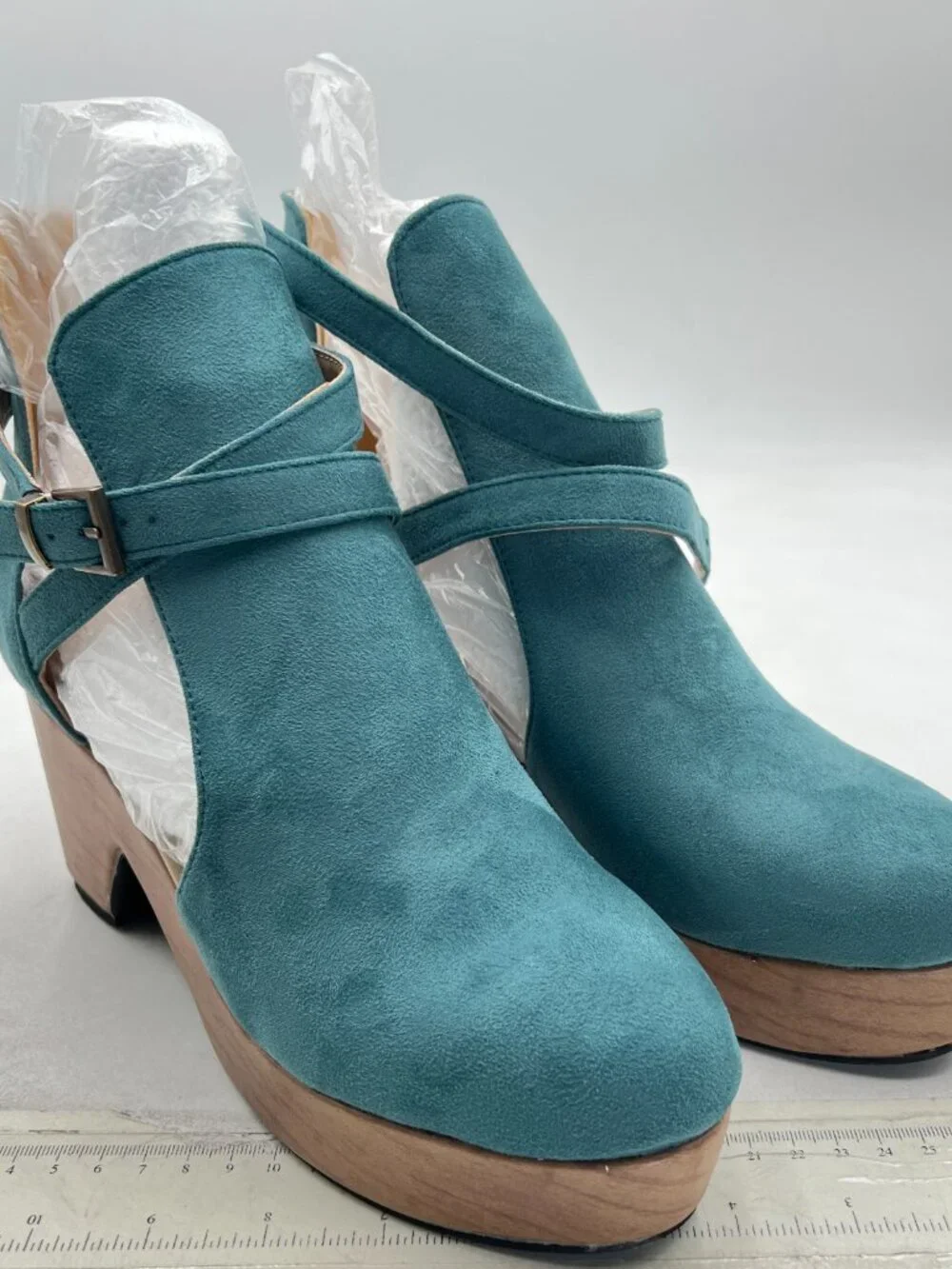 Dark Turquoise Womens Platform Rounded Toe Cutout Ankle Boot Strap Buckle Bootie
